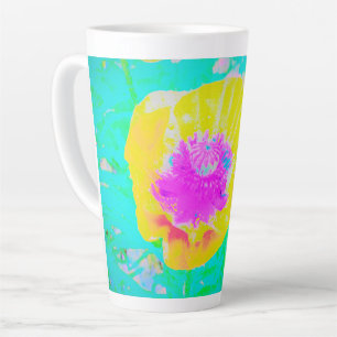 Yellow Poppy with Hot Pink Center on Turquoise Latte Mug