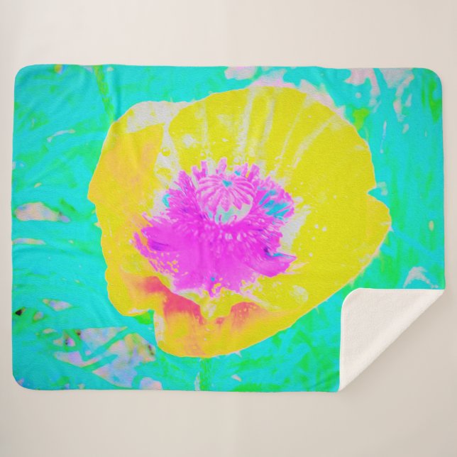 Yellow Poppy with Hot Pink Center on Turquoise Sherpa Blanket (Front (Horizontal))
