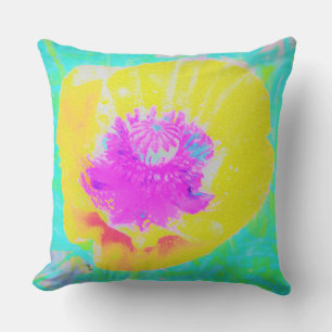 Yellow Poppy with Hot Pink Center on Turquoise Throw Pillow