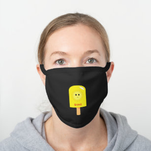 Yellow popsicle with cute sun happy face black cotton face mask