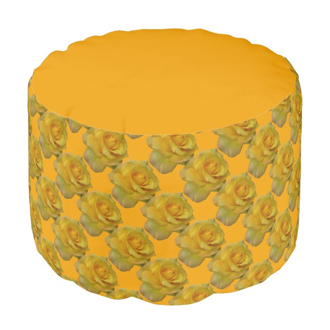 Yellow Pouf Ottoman Gold Rose Pillow Footstool (Angled Front)