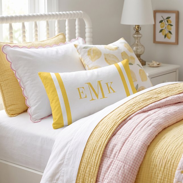 Yellow Preppy Ribbon Dots Custom Monogram Lumbar Pillow (Creator Uploaded)