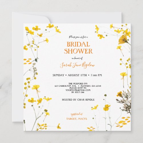 Yellow Pressed Wildflower Boho Bridal Shower Invitation