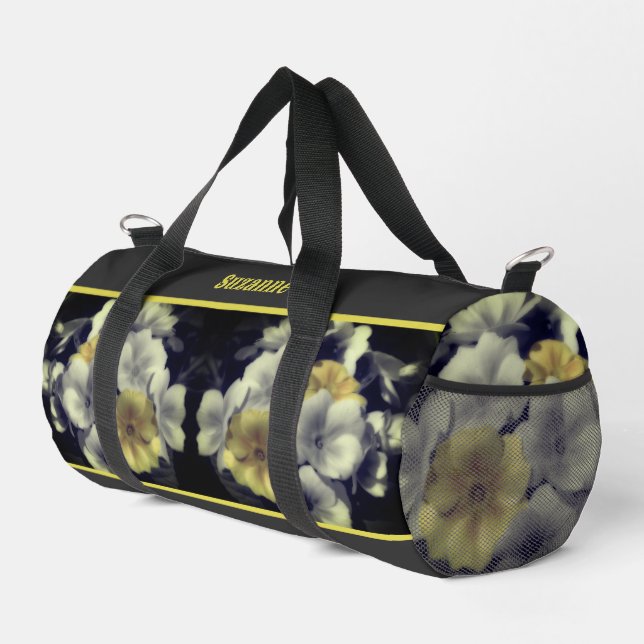 Yellow Primrose Flower Partial Color Personalized Duffle Bag (Right Corner)