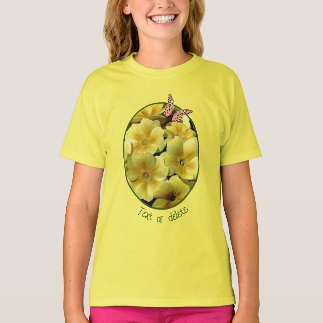 Yellow Primrose Flowers And Butterfly Personalized T-Shirt (Front)
