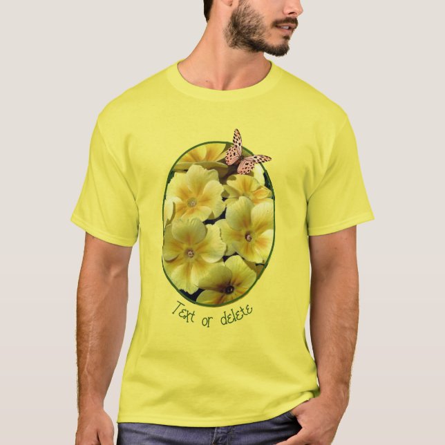 Yellow Primrose Flowers And Butterfly Personalized T-Shirt (Front)