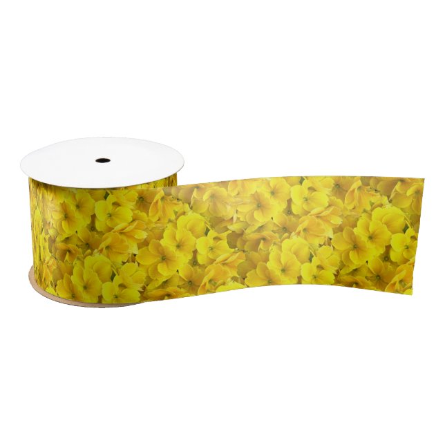 Yellow Primrose Flowers Pattern Satin Ribbon (Spool)