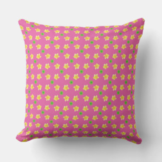 Yellow Primroses and Green Polka Dots on Pink Throw Pillow