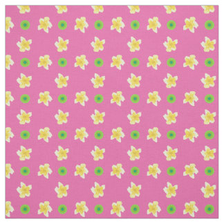 Yellow Primroses Green Polka Dots on Pink Fabric