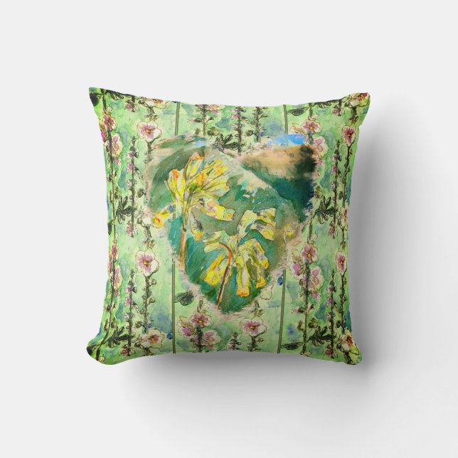 Yellow Primula Heart  and Pink Hollyhocks Pattern Throw Pillow (Front)