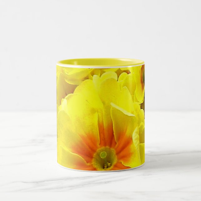 Yellow Primula in springtime Two-Tone Coffee Mug (Center)