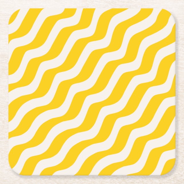 Yellow Psychedelic Stripes Retro Wavy Lines Square Paper Coaster (Front)