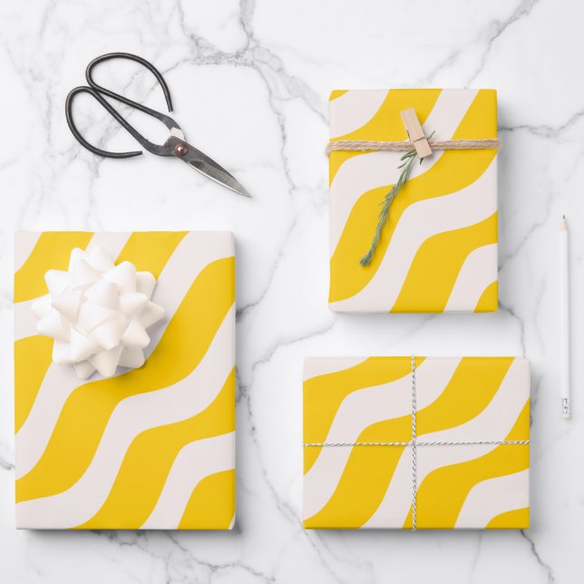 Yellow Psychedelic Stripes Retro Wavy Lines Wrapping Paper Sheets (Front)