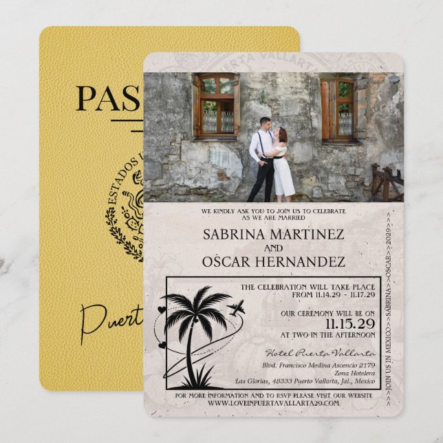 Yellow Puerta Vallarta Passport Wedding Invitation (Front/Back)