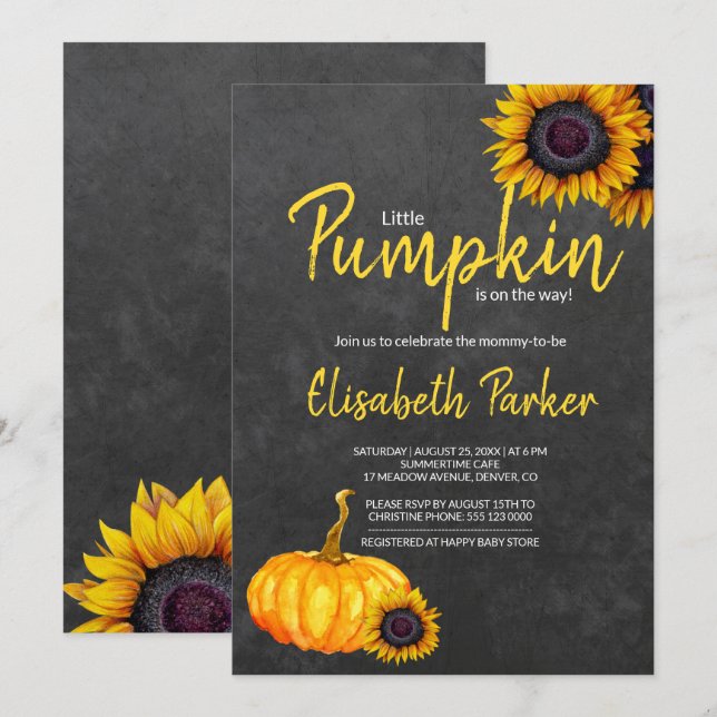 Yellow Pumpkin Sunflowers Chalkboard Baby Shower Invitation (Front/Back)