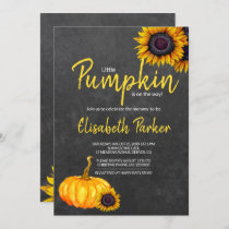 Yellow Pumpkin Sunflowers Chalkboard Baby Shower Invitation