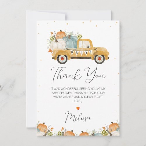 Yellow Pumpkin Truck Baby Shower Thank You Card