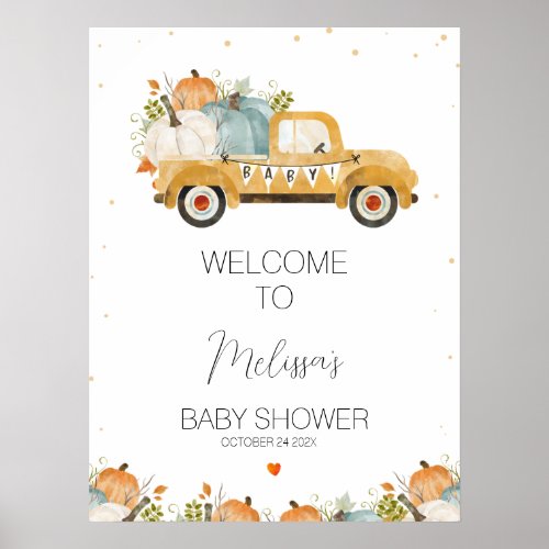 Yellow Pumpkin Truck Baby Shower Welcome Sign