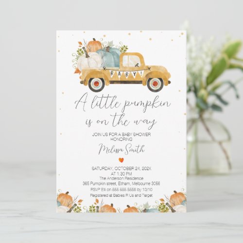 Yellow Pumpkin Truck Heart Baby Shower Invitation