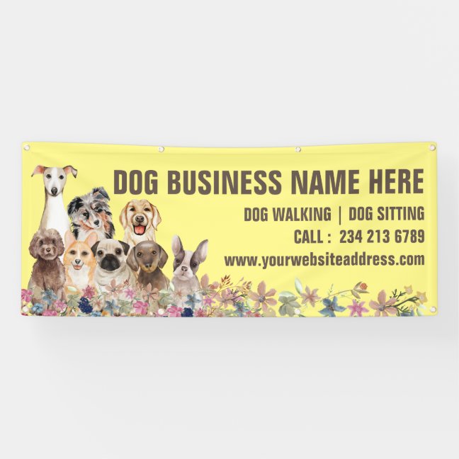Yellow Puppies Floral Botanical Dog Sitting Banner