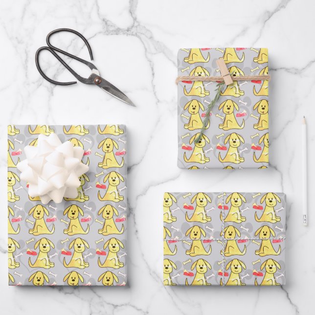 Yellow Puppy Dogs Wrapping Paper Sheets (Front)