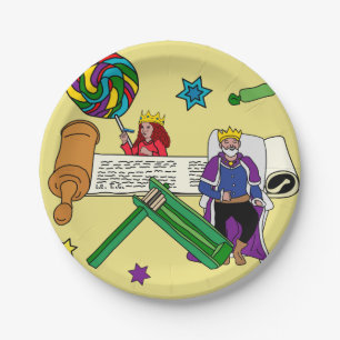 Yellow Purim Plate - Megilla & Grogger