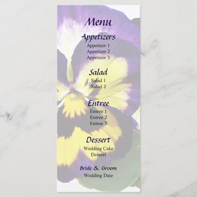 Yellow Purple ad White Pansies Wedding Menu (Front)