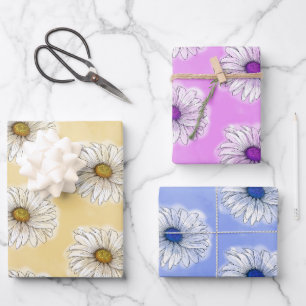 Yellow Purple and Blue Daisies Wrapping Paper Sheets
