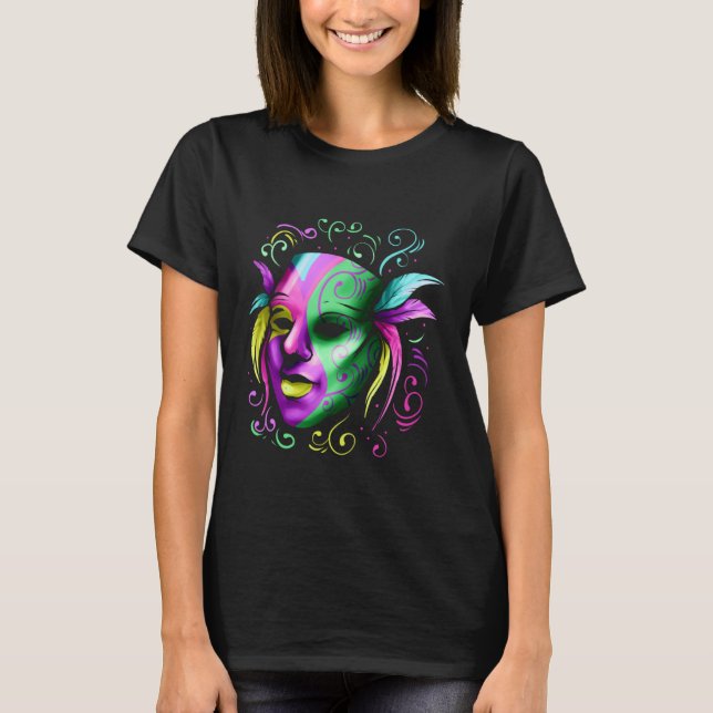 Yellow Purple And Green Mask For Mardi Gras T-Shirt (Front)