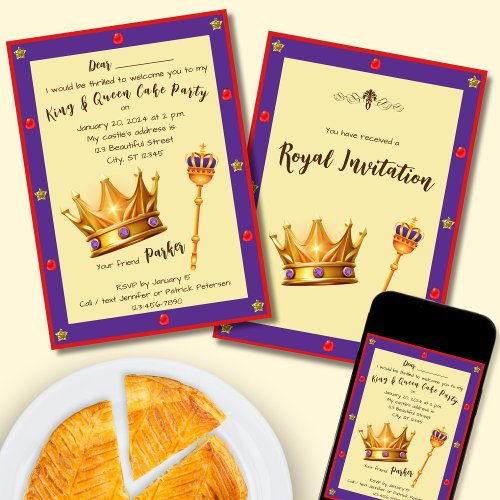 Yellow Purple and Red King and Queen Cake Party Invitation