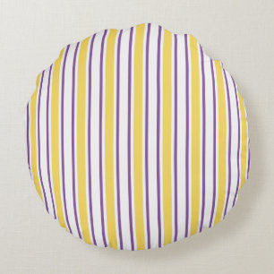Yellow, purple and white candy stripes round pillow