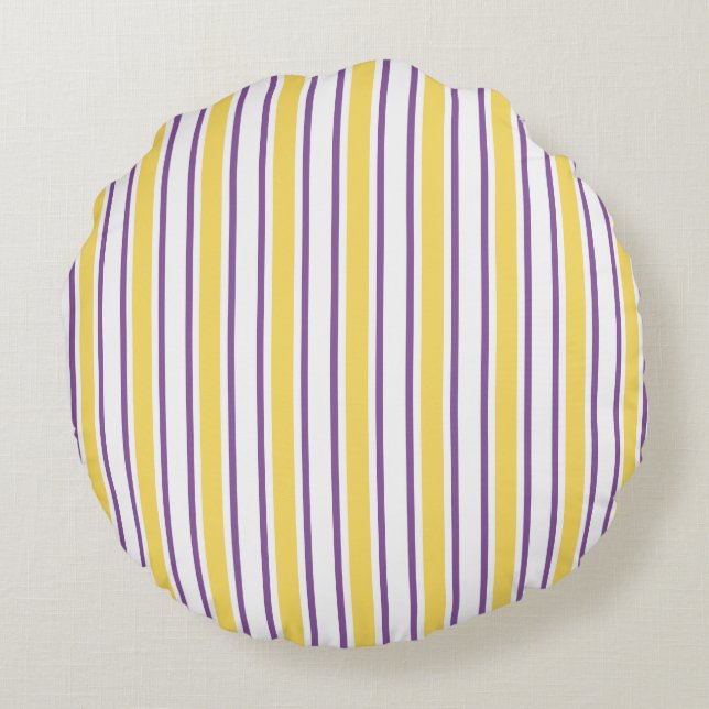 Yellow, purple and white candy stripes round pillow (Back)