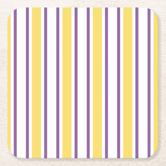 Yellow, purple and white candy stripes square paper coaster (Front)