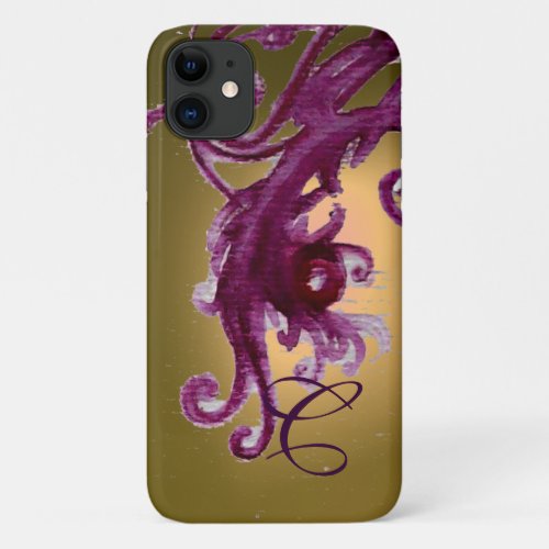 YELLOW PURPLE BERRIES AND FLORAL SWIRLS MONOGRAM  iPhone 11 CASE