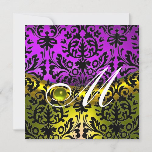 YELLOW PURPLE BLACK DAMASK MONOGRAM TOPAZ INVITATION