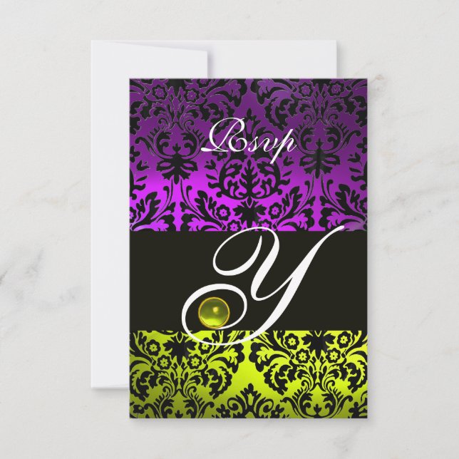 YELLOW PURPLE BLACK DAMASK MONOGRAM TOPAZ RSVP CARD (Front)