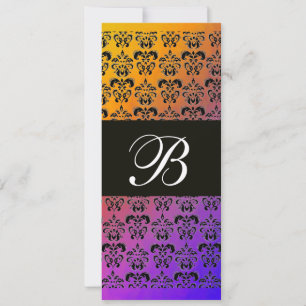YELLOW PURPLE BLUE BLACK DAMASK MONOGRAM ,white Invitation