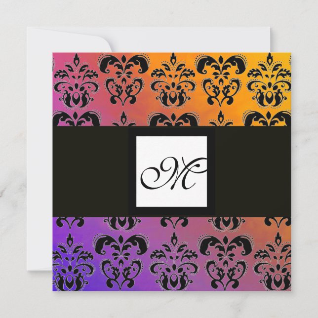 YELLOW PURPLE BLUE BLACK SQUARE DAMASK MONOGRAM INVITATION (Front)