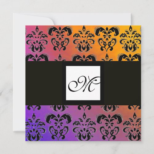 YELLOW PURPLE BLUE BLACK SQUARE DAMASK MONOGRAM INVITATION