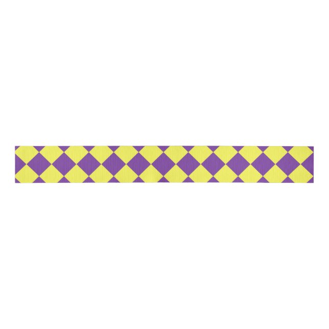 Yellow Purple Checker Diamond Pattern Grosgrain Ribbon (Front)