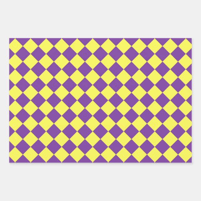 Yellow Purple Checker Diamond Pattern Wrapping Paper Sheets (Front)