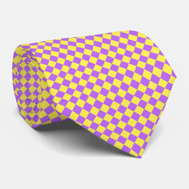 Yellow Purple Diamond Checker Pattern Neck Tie (Rolled)