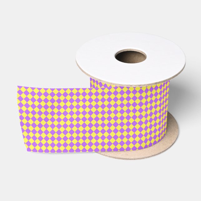 Yellow Purple Diamond Checker Pattern Satin Ribbon (Spool)