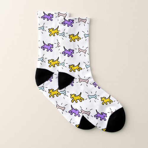 Yellow Purple Dogs Bones Graffiti Style Socks