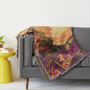 Yellow Purple Fall Flowers Thanksgiving Throw Blanket