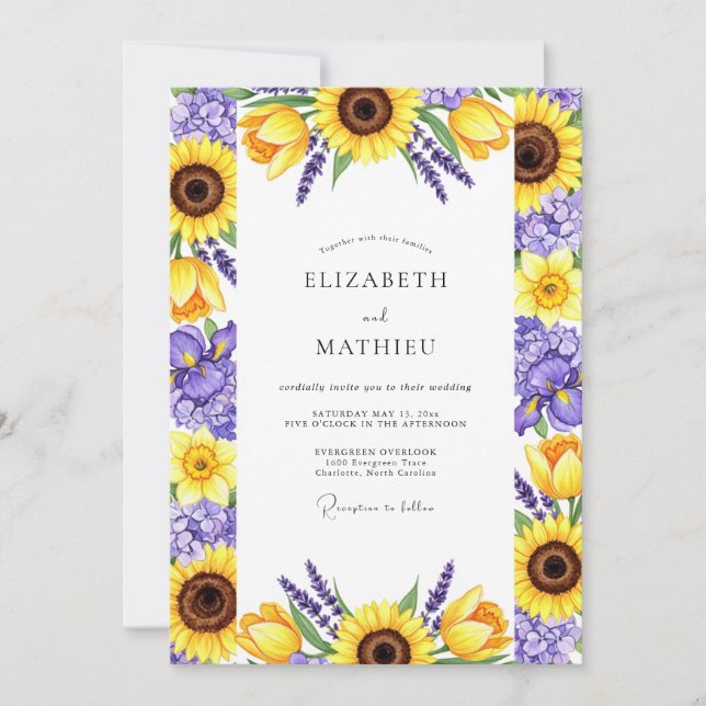 Yellow Purple Floral Bloom Wedding Invitation (Front)