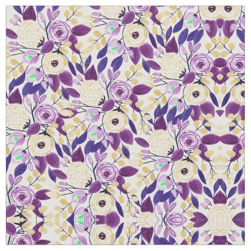 Yellow Purple Floral Bouquet Watercolor Pattern Fabric