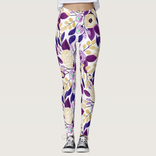 Yellow Purple Floral Bouquet Watercolor Pattern Leggings