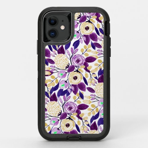 Yellow Purple Floral Bouquet Watercolor Pattern OtterBox Defender iPhone 11 Case