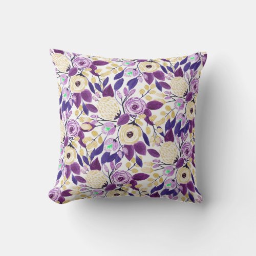 Yellow Purple Floral Bouquet Watercolor Pattern Outdoor Pillow